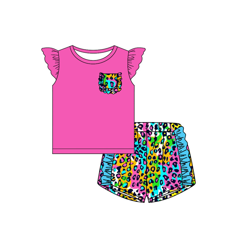 Preorder Baby Girl Short Sleeves Pink Pocket Shirt Leopard Ruffle Shorts Clothes Set