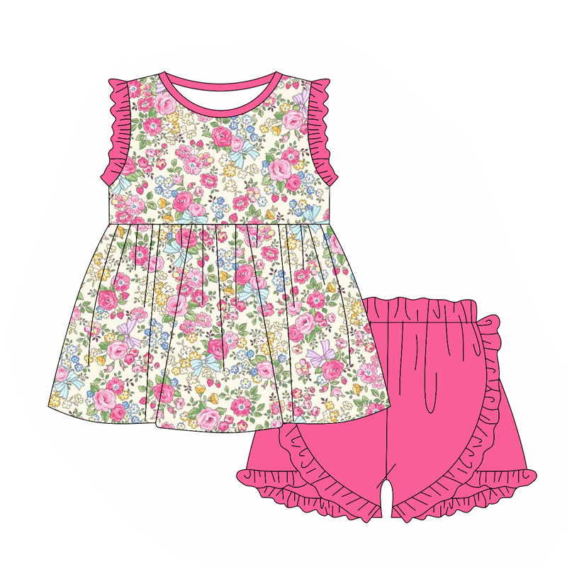 Preorder Baby Girl Sleeveless Floral Bows Tunic Pink Ruffle Shorts Set