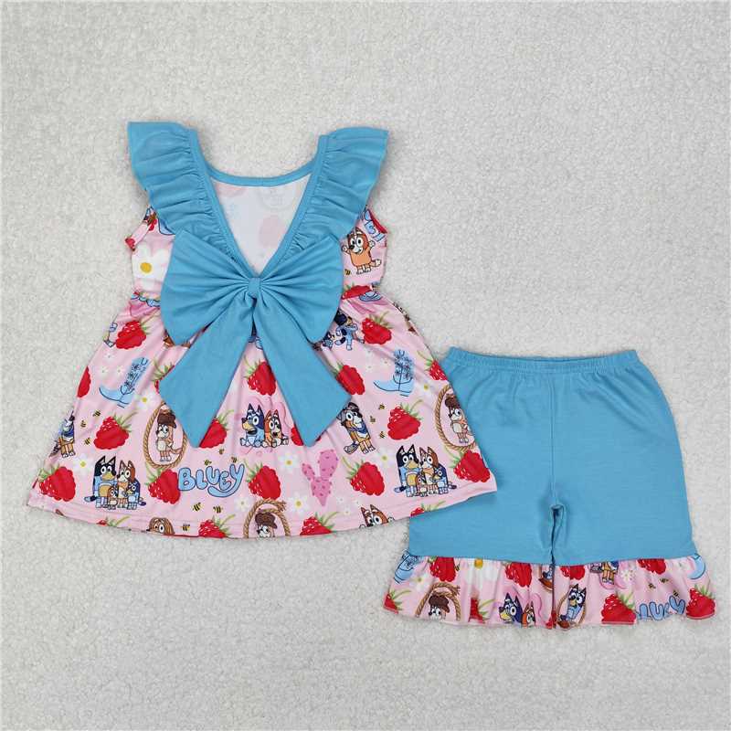 Baby Girl Short Sleeves Dogs Blue Bows Sibling Dress Set Clothes RTS