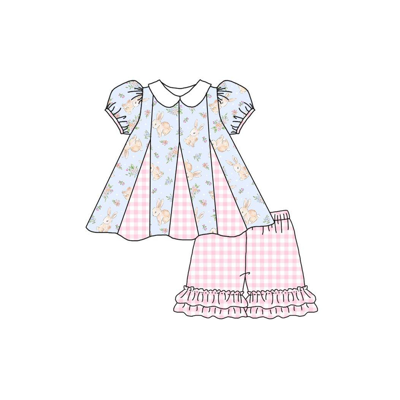 Preorder Baby Girl Short Sleeves Easter Flower Rabbits Tops Pink Checked Ruffle Shorts Set