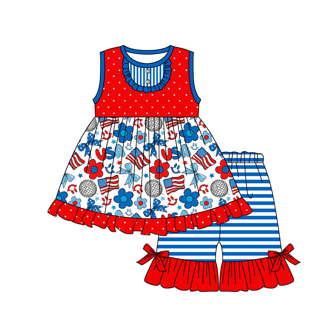 Preorder Baby Girl Sleeveless July 4th Flags Flower Bows Tunic Stripes Shorts Set