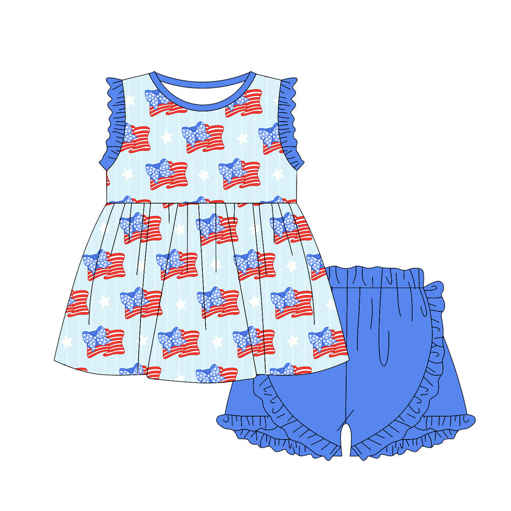 Preorder Baby Girl July 4th Flags Bows Tunic Ruffle Blue Shorts Clothes Set