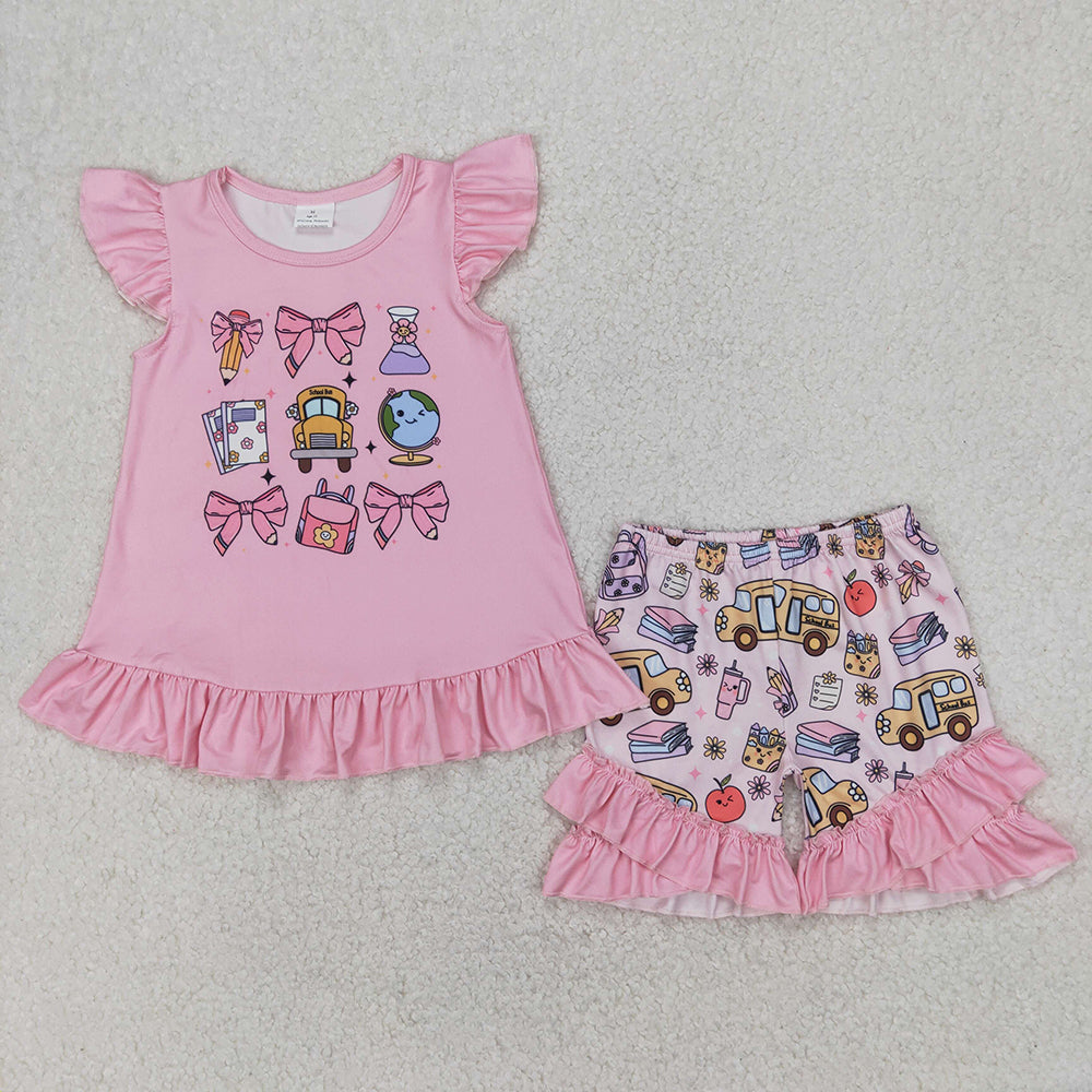 Baby Girl Short Sleeves Bus Bows Back To School Sibling Pink Dress Outfit Clothes RTS
