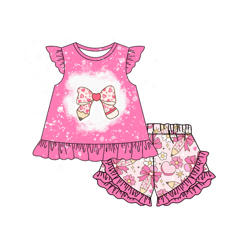 Preorder Baby Girl Short Sleeves Pink Shirt Pencils Bows Hearts Flowers Shorts Back To School Set
