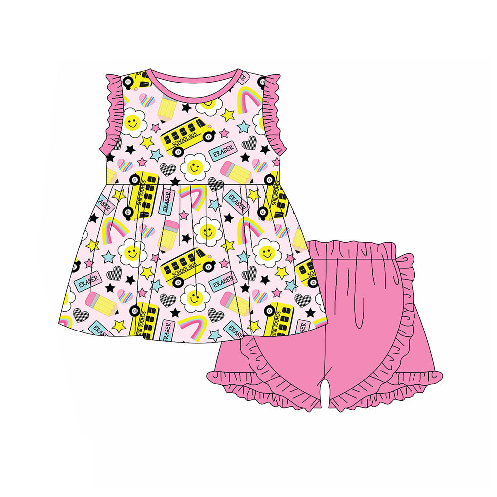 Baby Girl Sleeveless Pencils Bus Tunic Pink Ruffle Shorts Back To School Set RTS