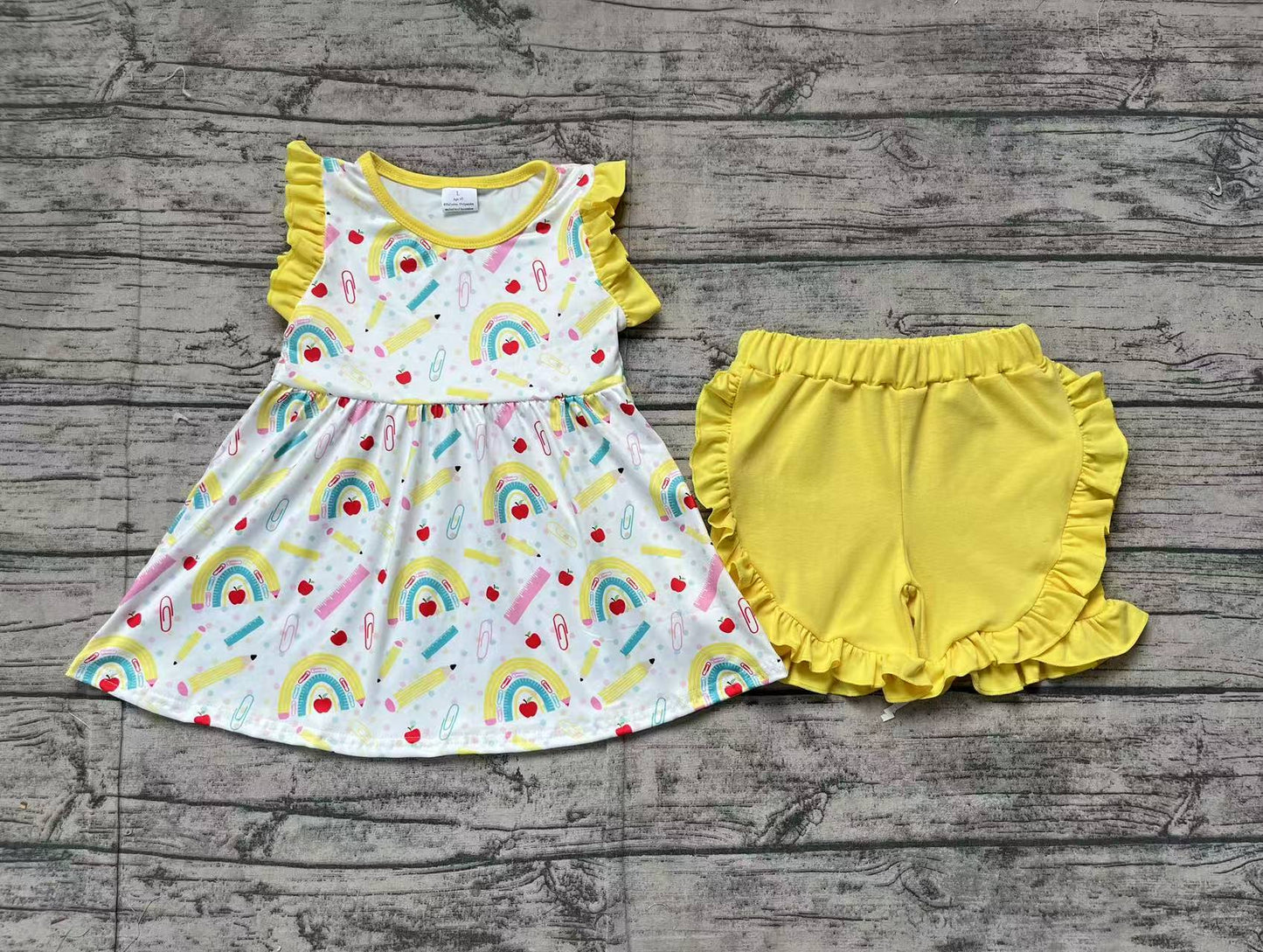 Baby Girl Rainbow Pencils Tunic Yellow Ruffle Shorts Back To School Set RTS