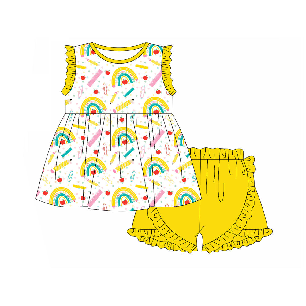 Baby Girl Rainbow Pencils Tunic Yellow Ruffle Shorts Back To School Set RTS