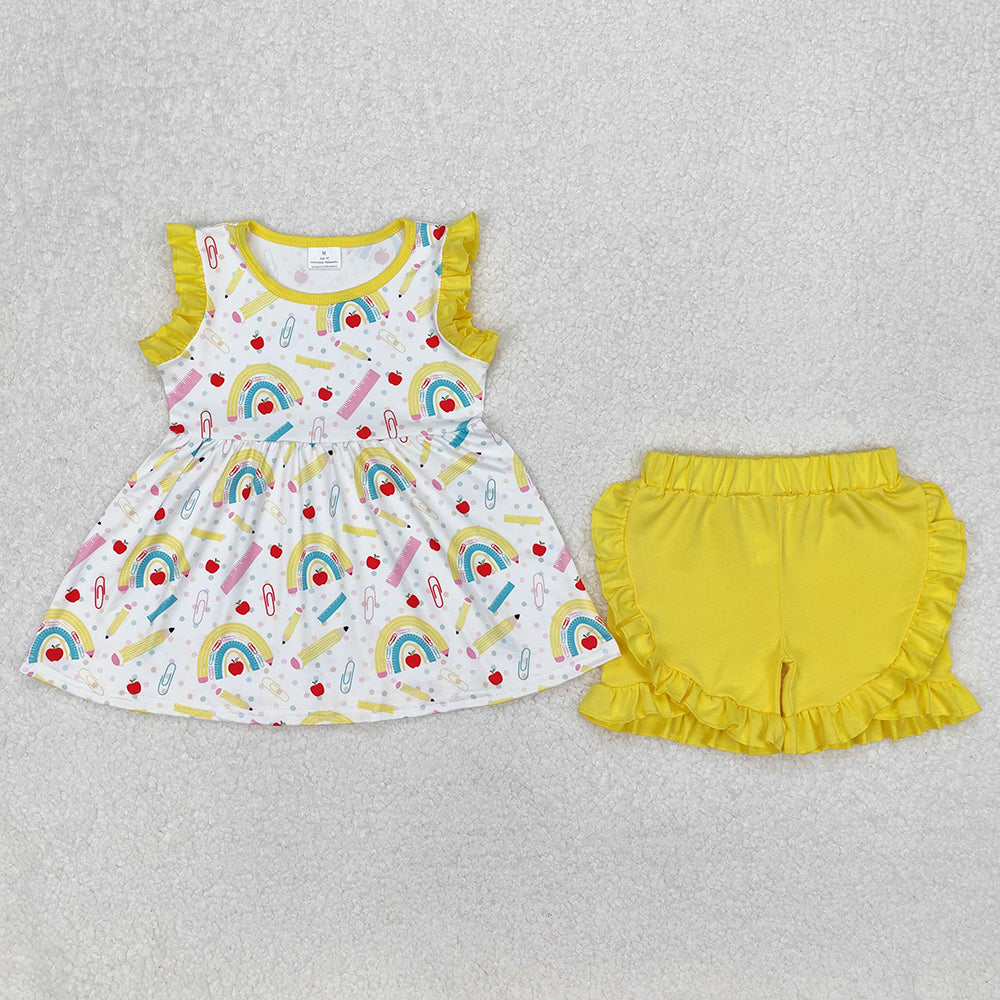 Baby Girl Toddler Back To School Rainbow Pencils Sibling Yellow Dress Outfit Clothes RTS