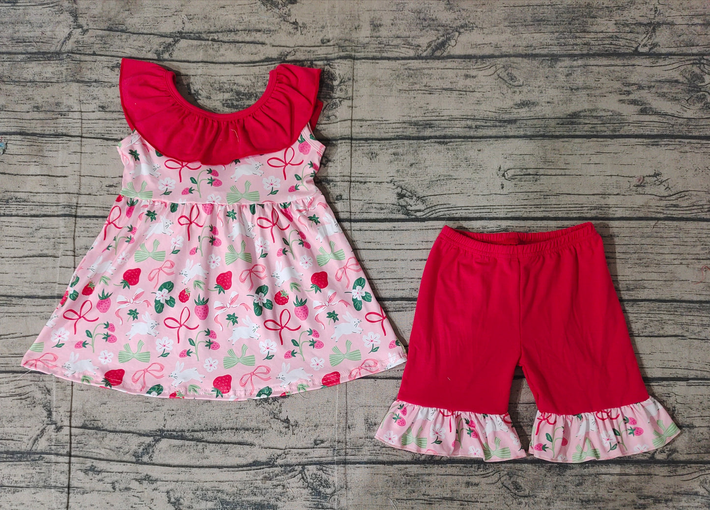 Baby Girl Easter Strawberry Rabbits Bows Tunic Ruffle Shorts Clothes Set RTS