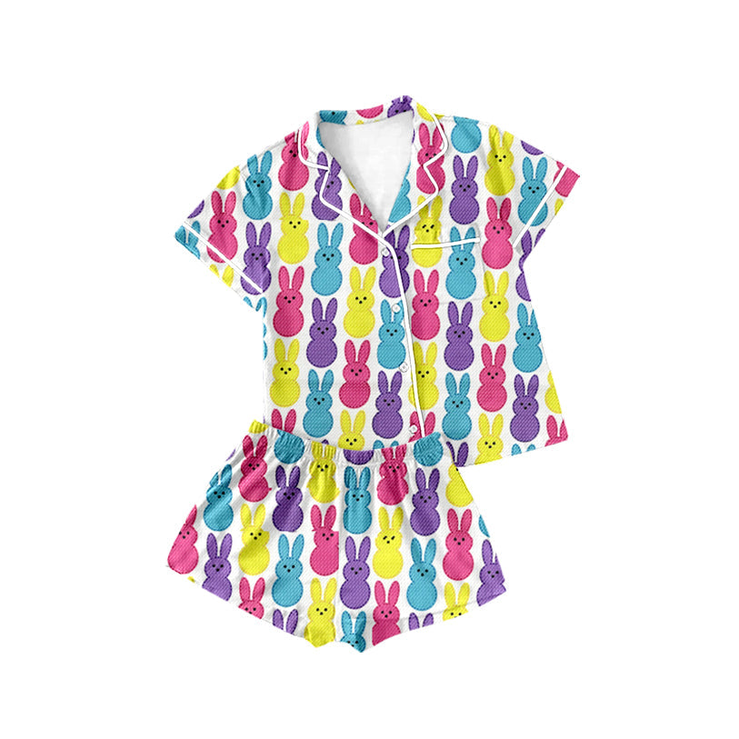 Preorder Baby Girl Short Sleeves Easter Rabbits Buttons Shirt Shorts Pajamas Clothes Set