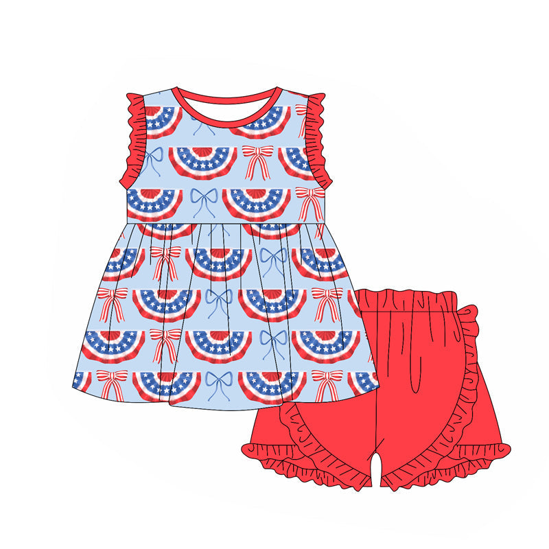 Preorder Baby Girl Short Sleeves July 4th Bows Tunic Red Ruffle Shorts Clothes Set