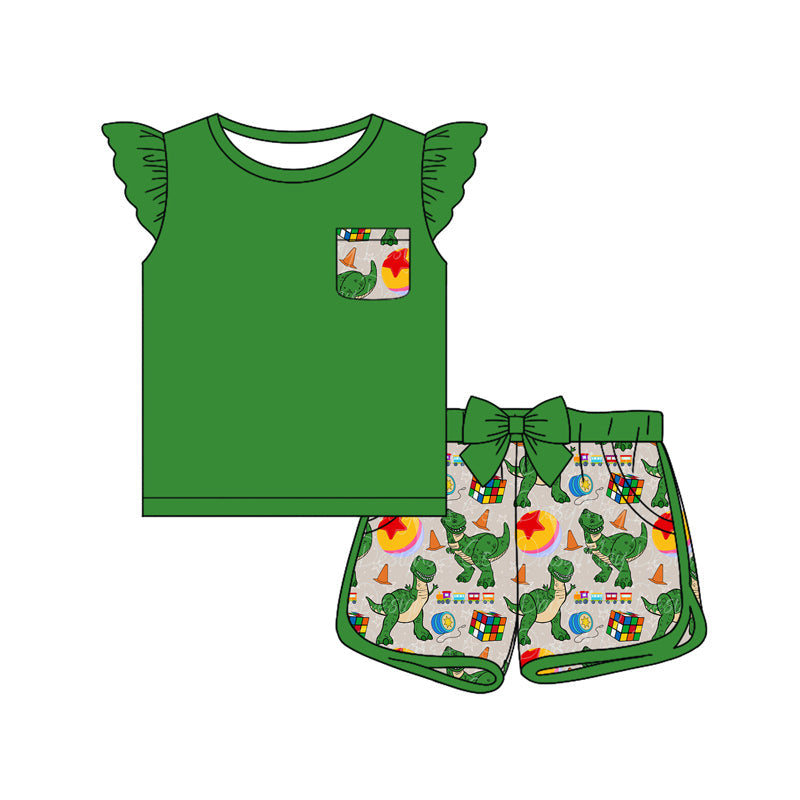 Preorder Baby Girl Green Short Sleeves Pocket Shirt Ruffle Dinosaurs Toys Shorts Clothes Set