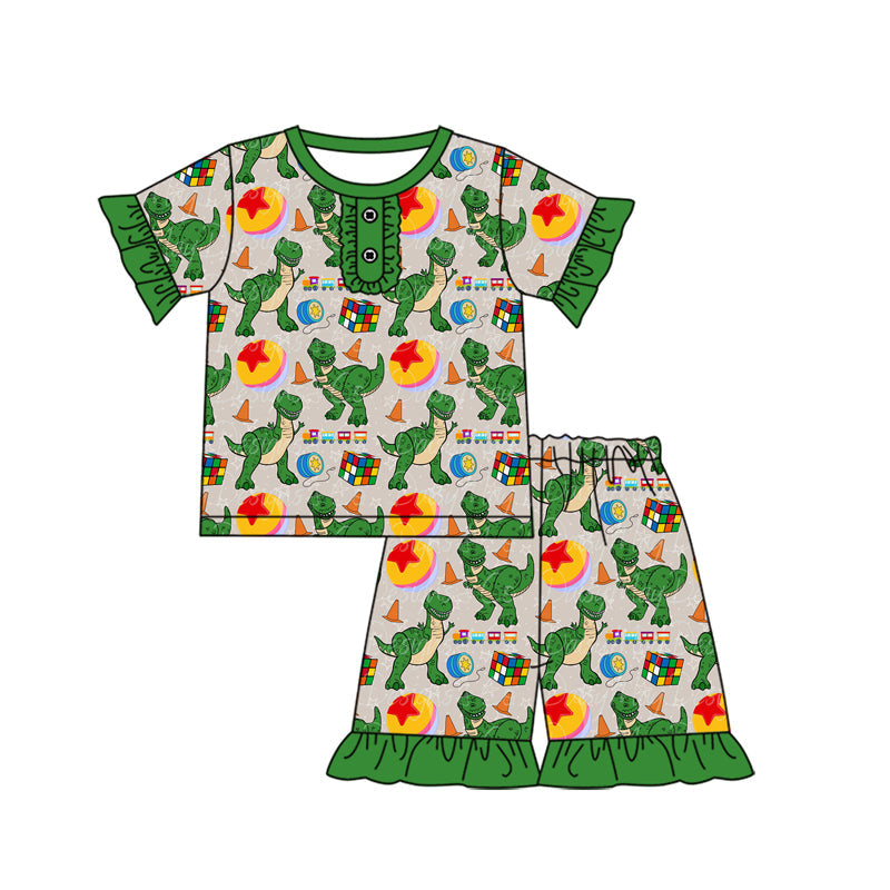 Preorder Baby Girl Short Sleeves Dinosaurs Toys Shirt Ruffle Shorts Pajamas Clothes Set