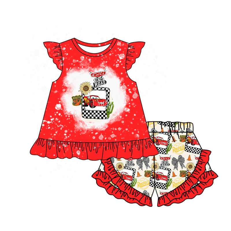 Preorder Baby Girl Red Short Sleeves Tops Car Bows Cactus Ruffle Shorts Clothes Set