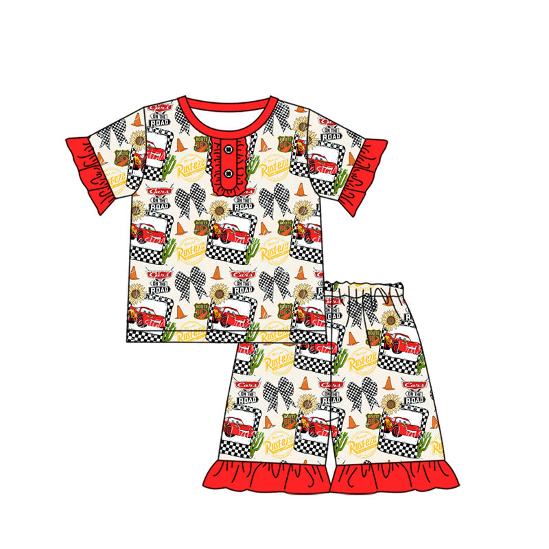 Preorder Baby Girl Short Sleeves Car Bows Cactus Shirt Ruffle Shorts Pajamas Clothes Set