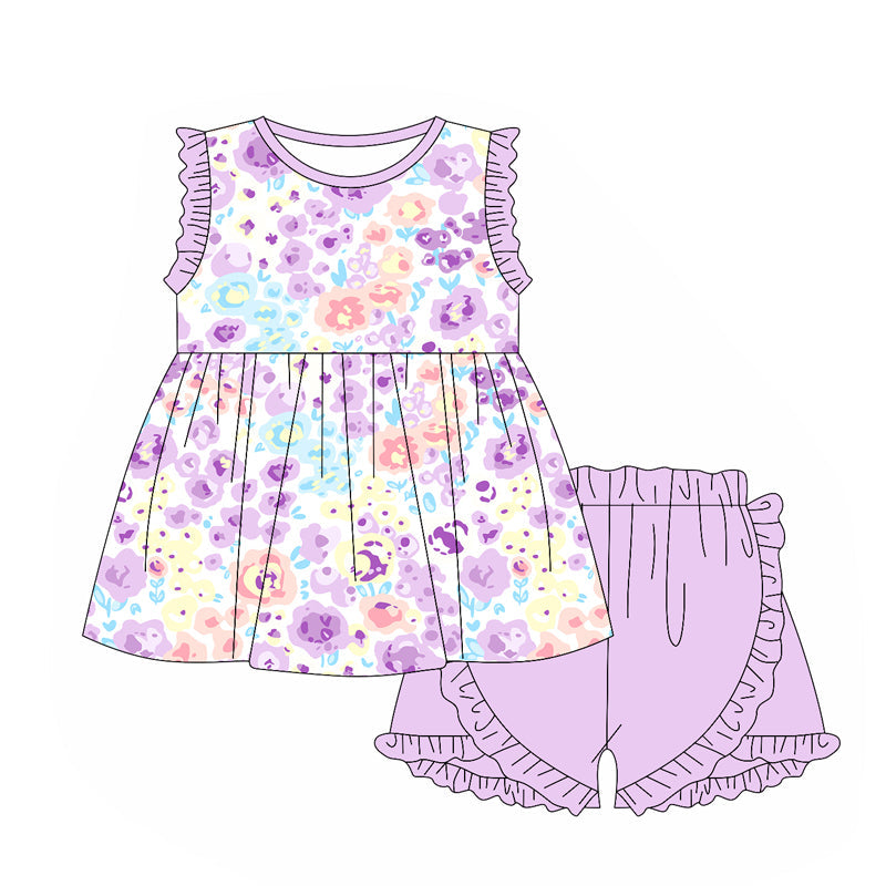 Preorder Baby Girl Sleeveless Flower Tunic Ruffle Purple Shorts Clothes Set