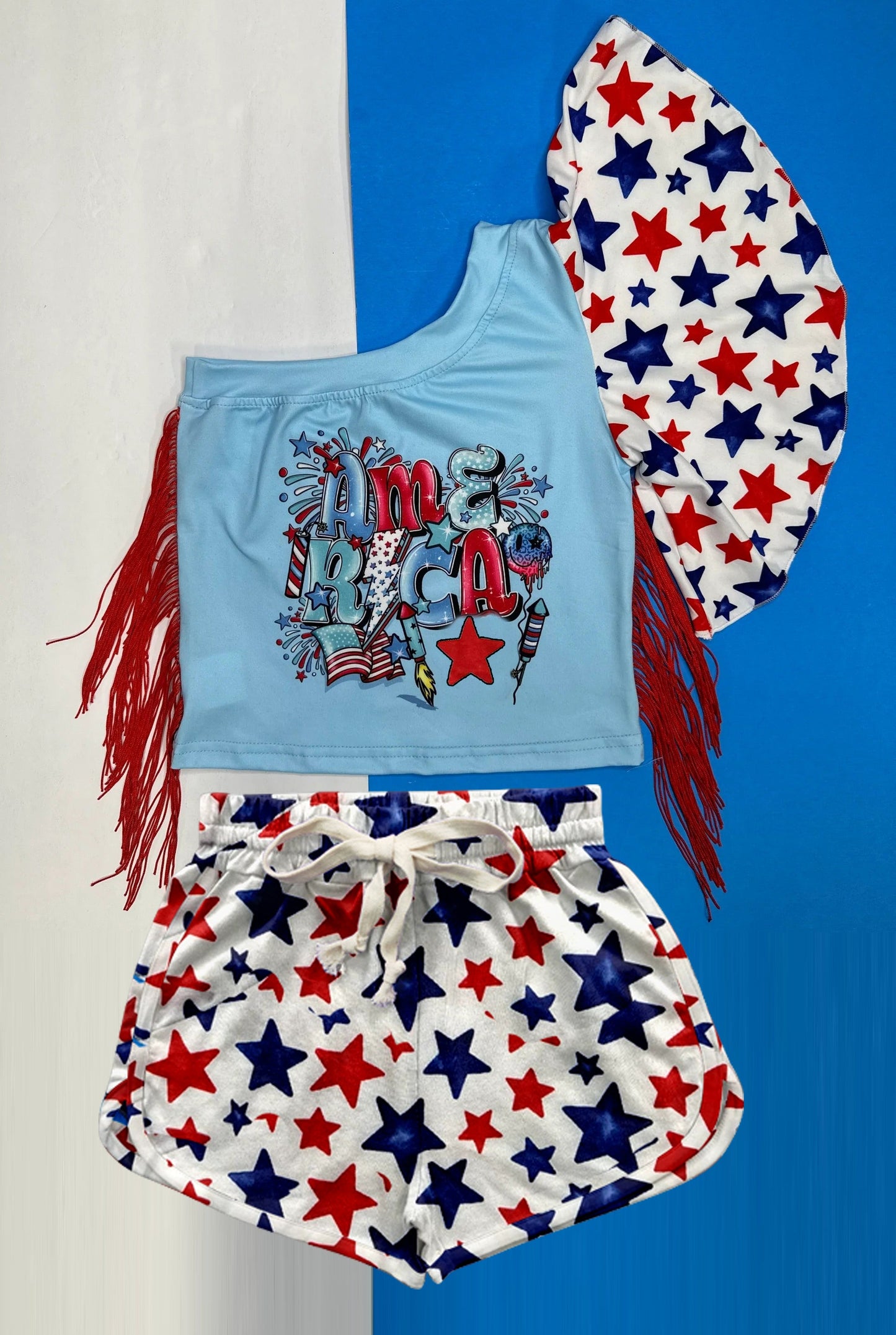 Preorder Baby Girl One Shoulder July 4th Stars America Tassels Tops Shorts Clothes Set