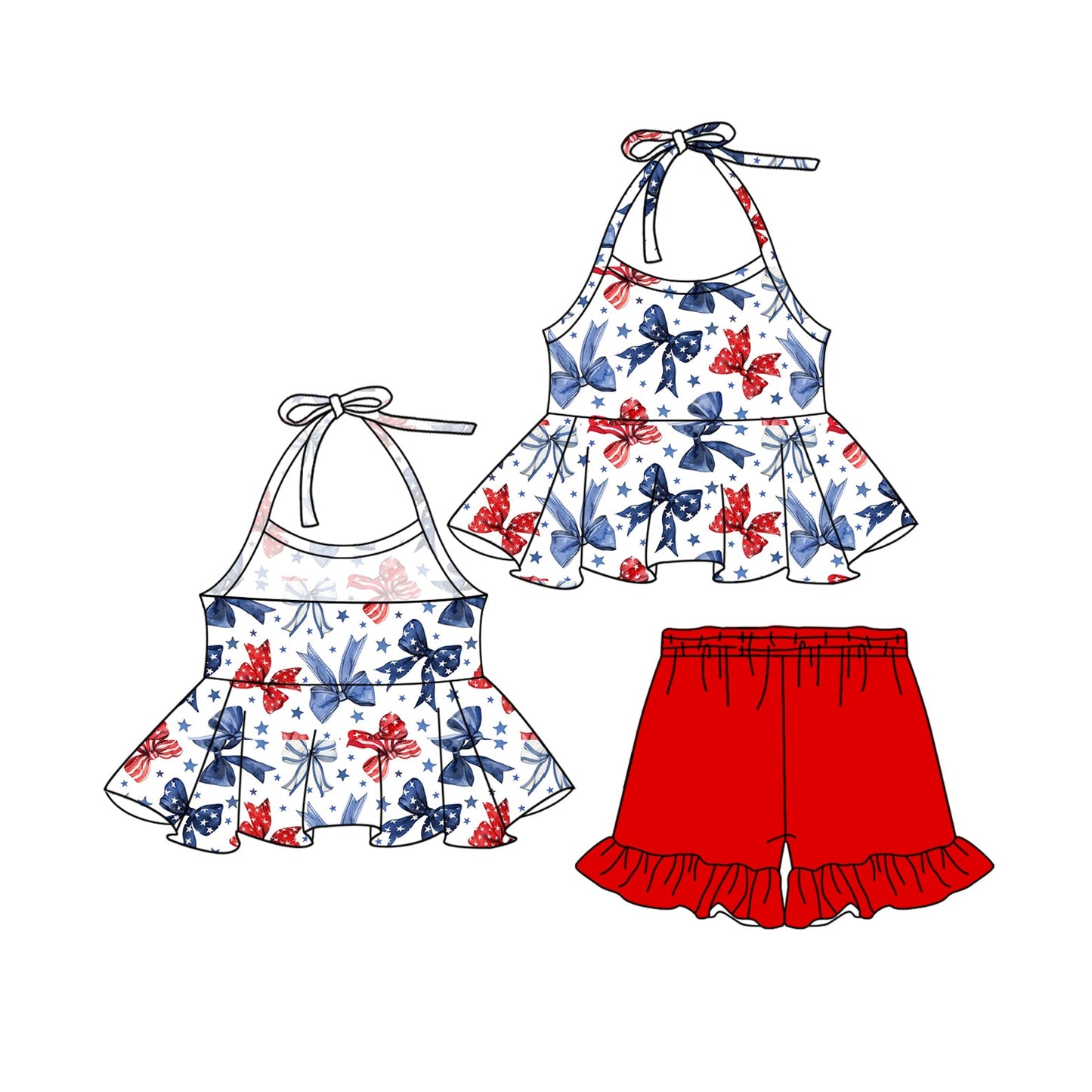 Baby Girl July 4th Bows Halter Tunic Red Shorts Clothes Set RTS