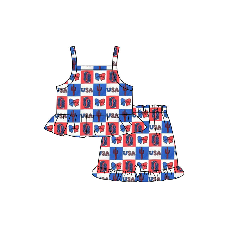 Preorder Baby Girl Straps July 4th Boots Bows Shirt Shorts Clothes Set