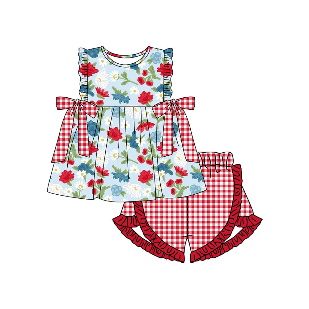 Baby Girl July 4th Flower Bows Tunic Plaid Ruffle Shorts Clothes Set RTS
