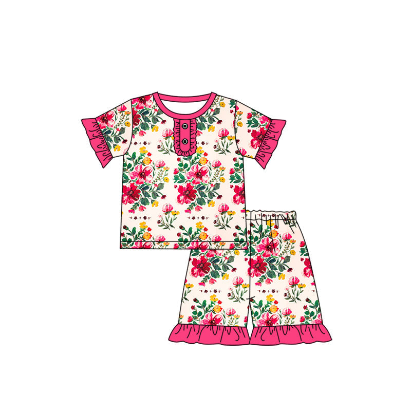 Preorder Baby Girl Short Sleeves Flower Ruffle Shirt Shorts Pajamas Clothes Set