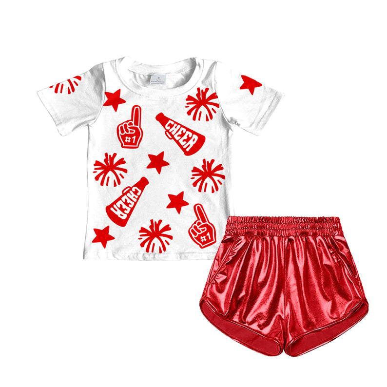 Preorder Baby Girl Short Sleeves Cheer Team Shirt Red Leather Shorts Clothes Set