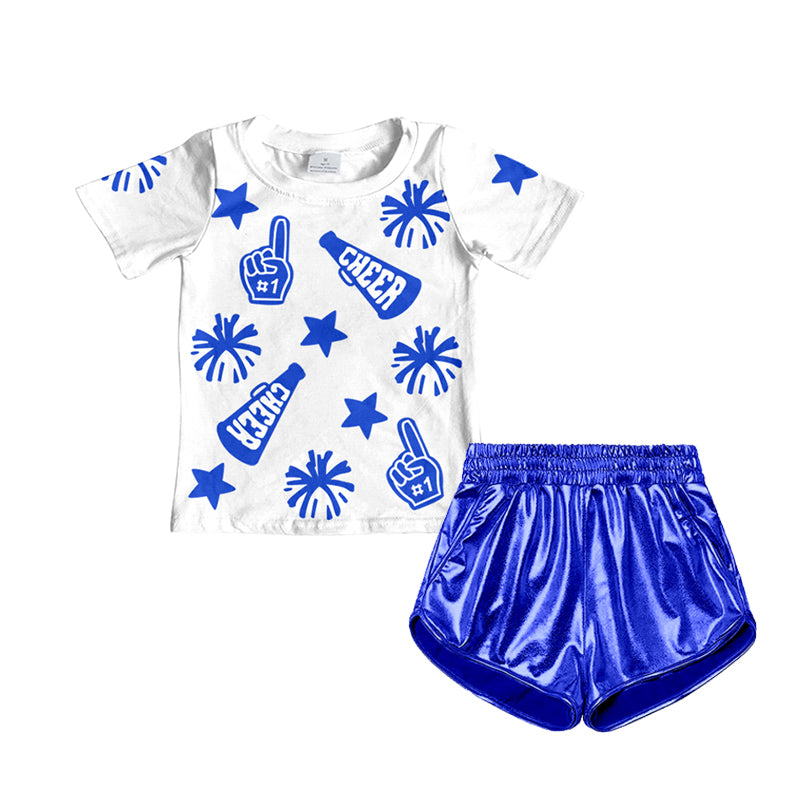 Baby Girl Short Sleeves Cheer Team Shirt Blue Leather Shorts Clothes Set RTS