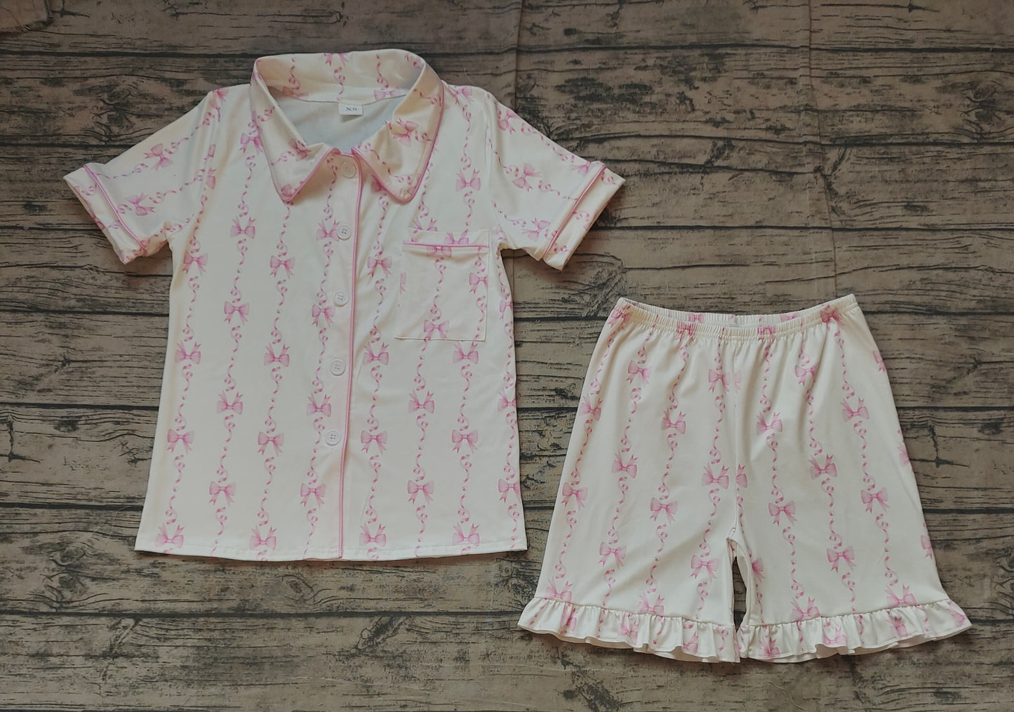 Adult Women Short Sleeves Pink Bows Lapel Buttons Shirt Shorts Pajamas Set