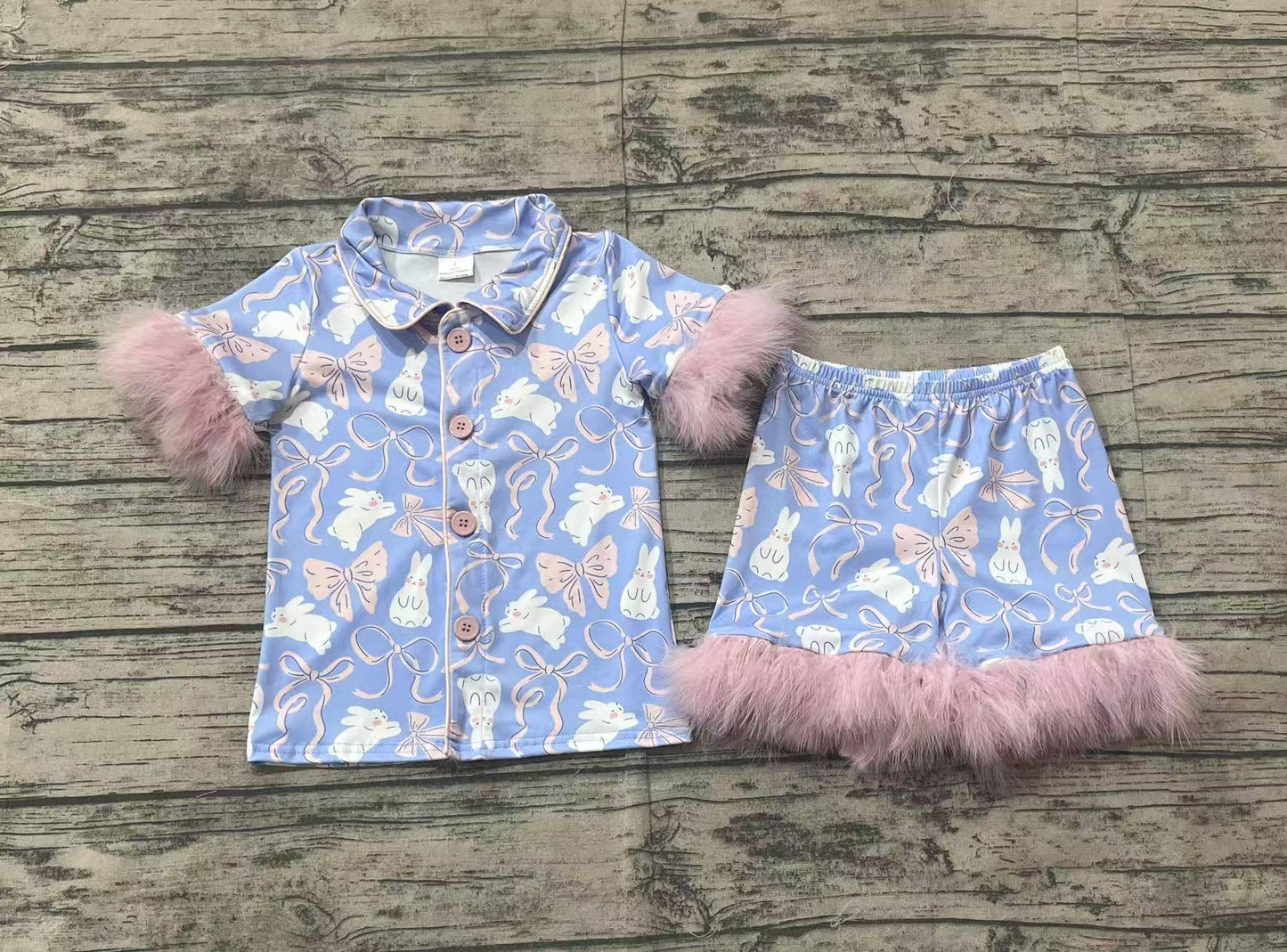 Baby Girl Fur Short Sleeves Easter Rabbits Bows Shirt Shorts Pajamas Set RTS