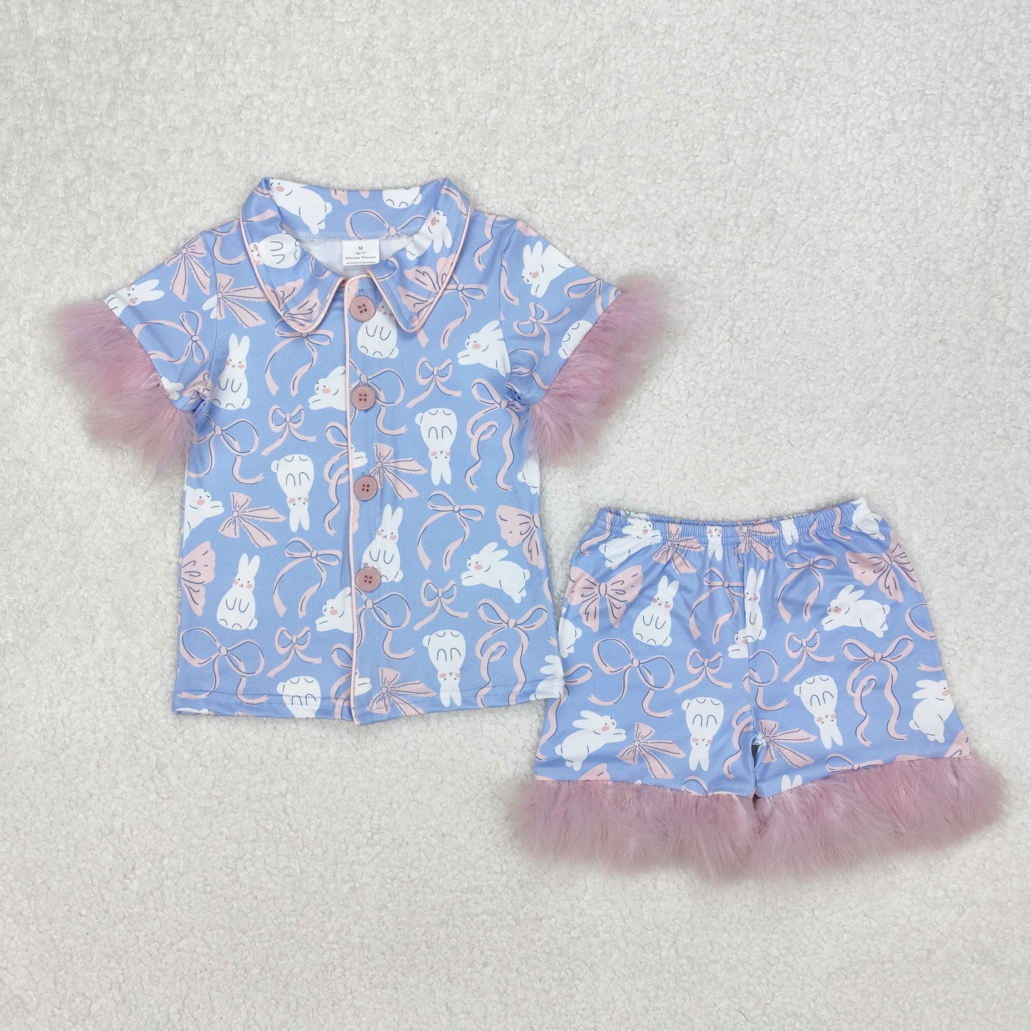 Baby Girl Fur Short Sleeves Easter Rabbits Bows Buttons Shirt Shorts Pajamas Sibling Set RTS