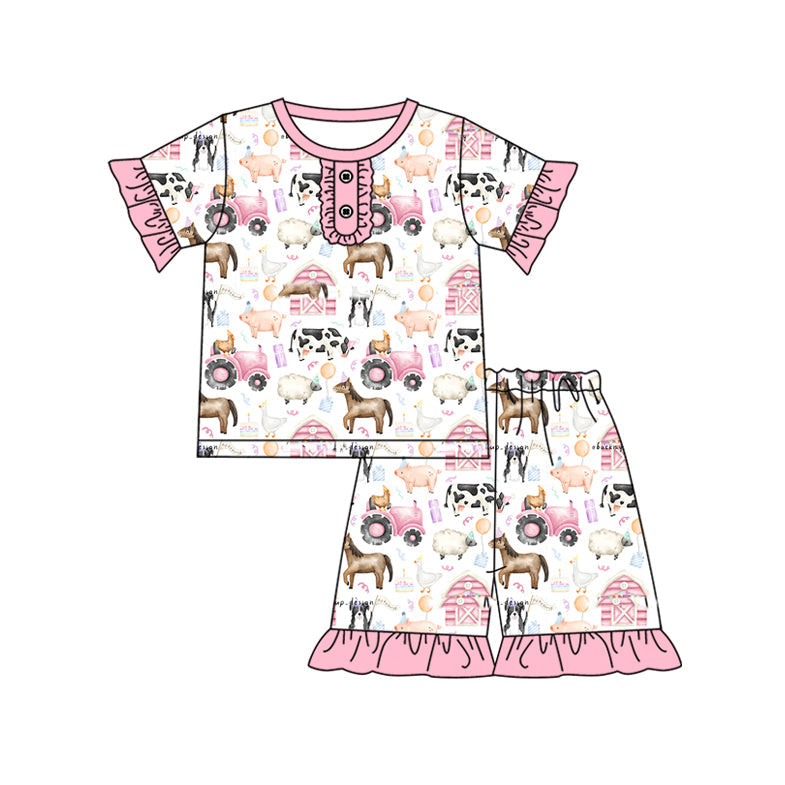 Preorder Baby Girl Short Sleeves Farm Animals Shirt Shorts Pajamas Clothes Set