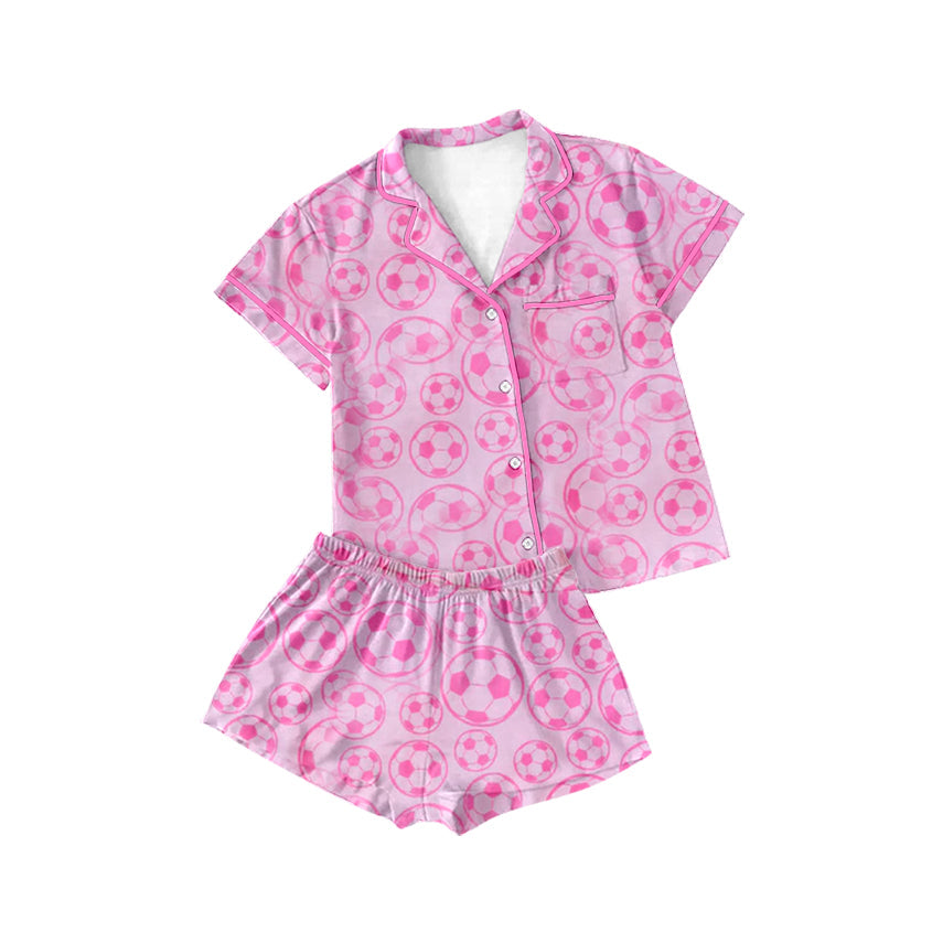 Baby Girl Short Sleeves Soccer Buttons Shirt Shorts Pajamas Clothes Pink Set