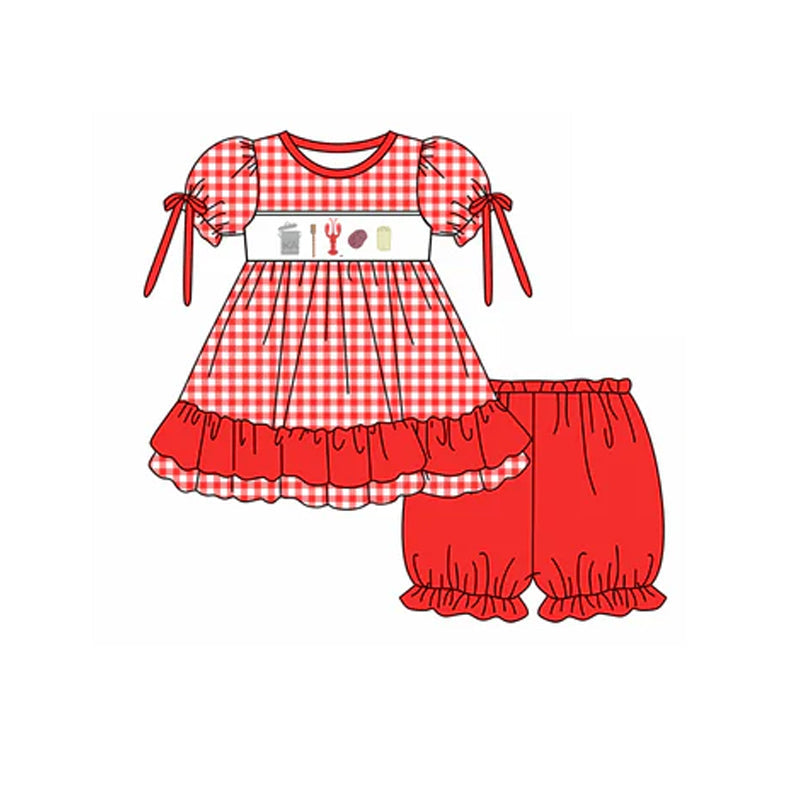 Preorder Baby Girl Short Sleeves Crawfish Bows Tunic Red Shorts Clothes Set
