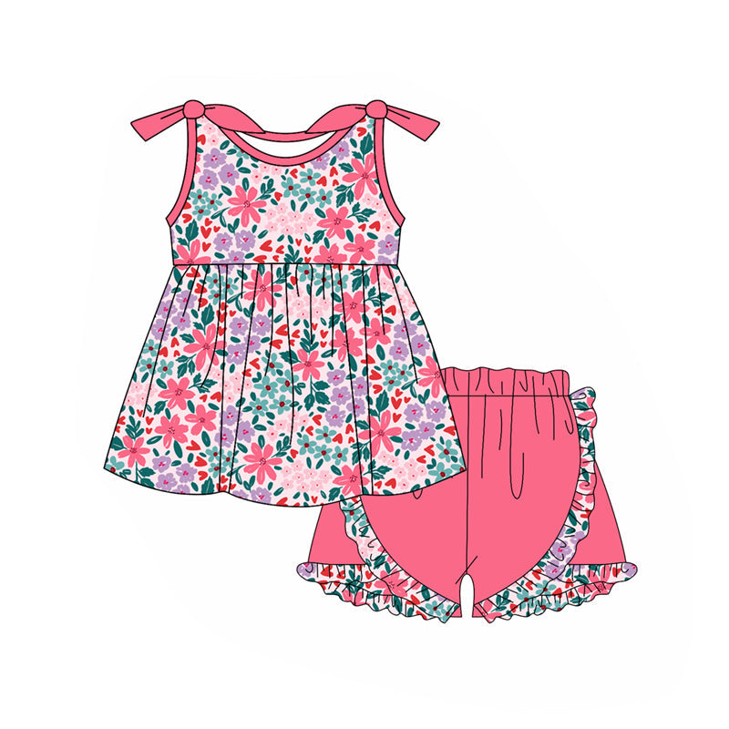 Preorder Baby Girl Sleeveless Flower Bows Tunic Pink Shorts Clothes Set