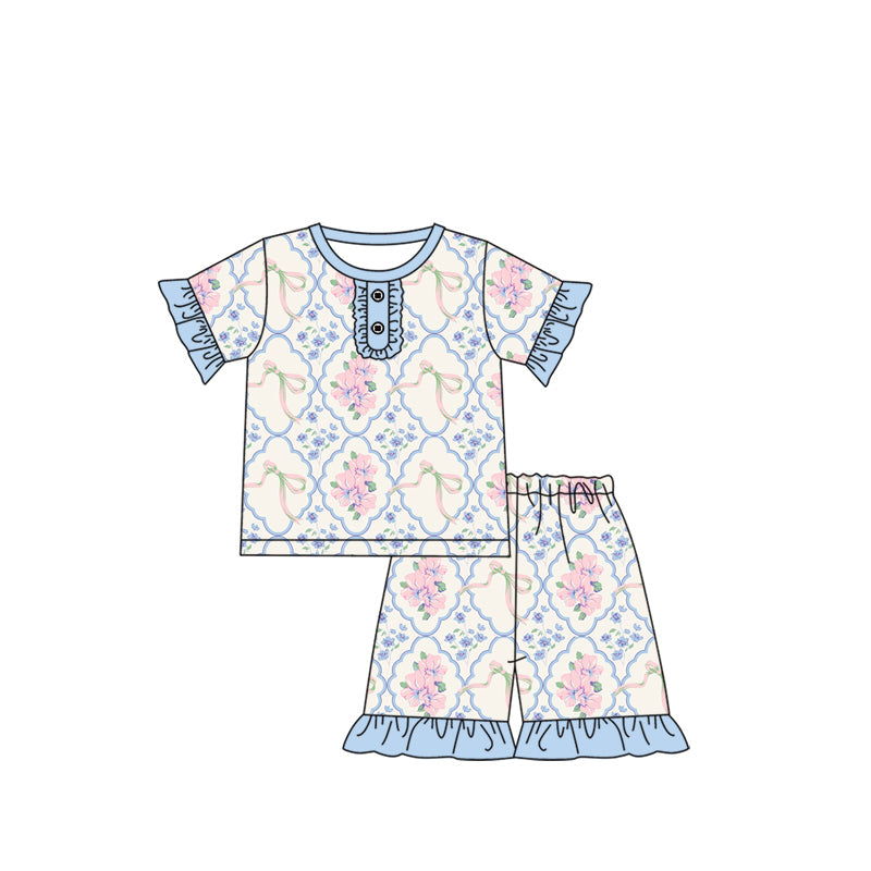 Preorder Baby Girl Short Sleeves Flower Bows Ruffle Shirt Shorts Pajamas Set