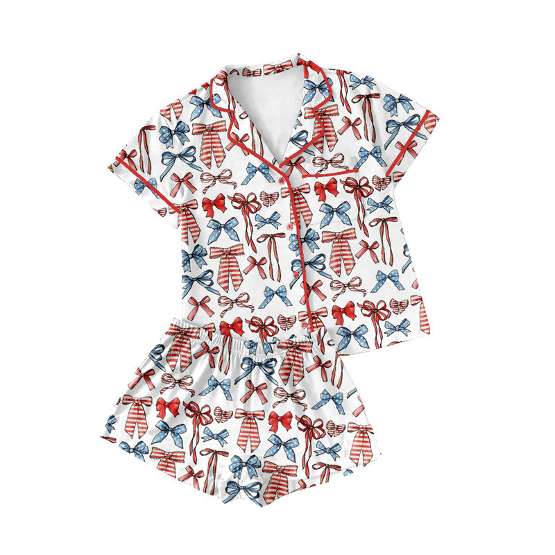 Preorder Adult Women Short Sleeves 4th Of July Bows Lapel Buttons Shirt Shorts Pajamas Set