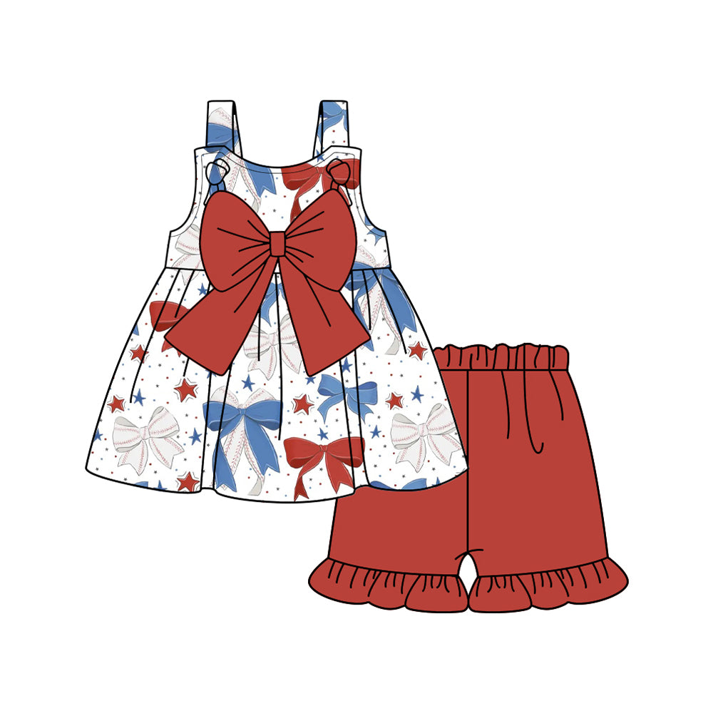 Preorder Baby Girl July 4th Straps Baseball Bows Tunic Ruffle Shorts Clothes Sets ( Moq 5 )
