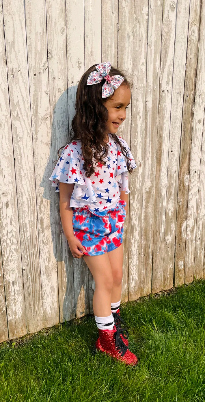 Preorder Baby Girl Short Sleeves 4th Of July Stars Shirt Tie Dye Shorts Clothes Set ( Moq 5 )