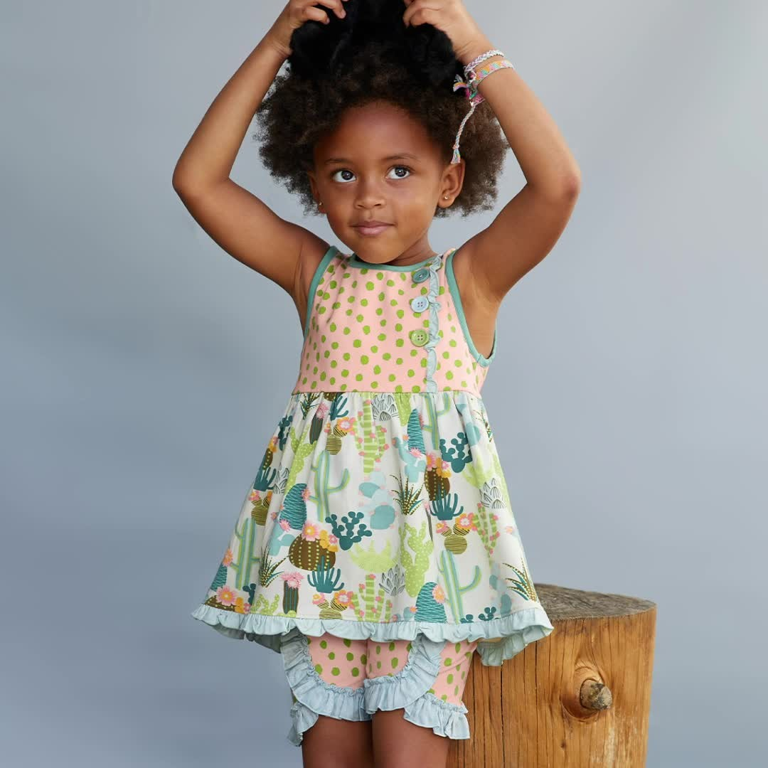 Preorder Baby Girl Sleeveless Western Cactus Tunic Ruffle Shorts Clothes Set ( Moq 5 )
