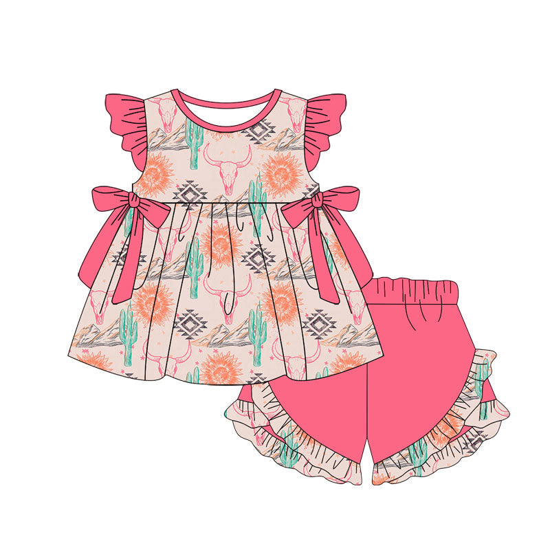 Preorder Baby Girl Short Sleeves Western Aztec Cow Bows Tunic Ruffle Shorts Clothes Set ( Moq 5 )