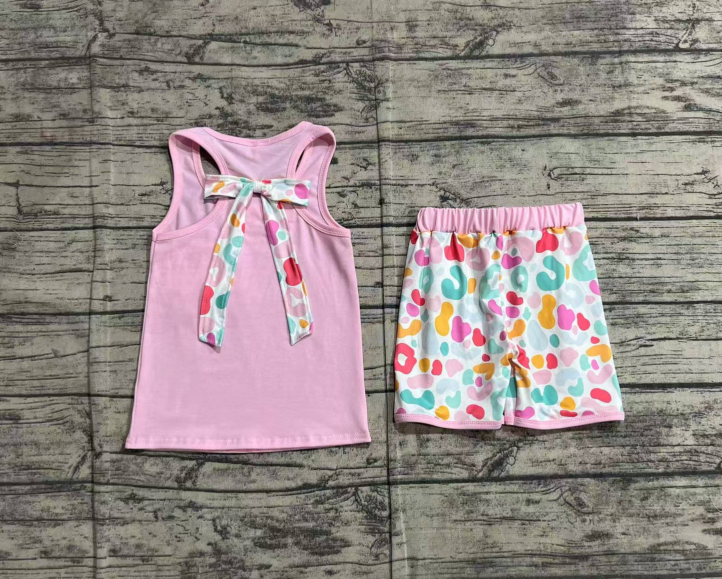 Baby Girl Sleeveless Pocket Bow Pink Tops Ruffle Leopard Shorts Set RTS