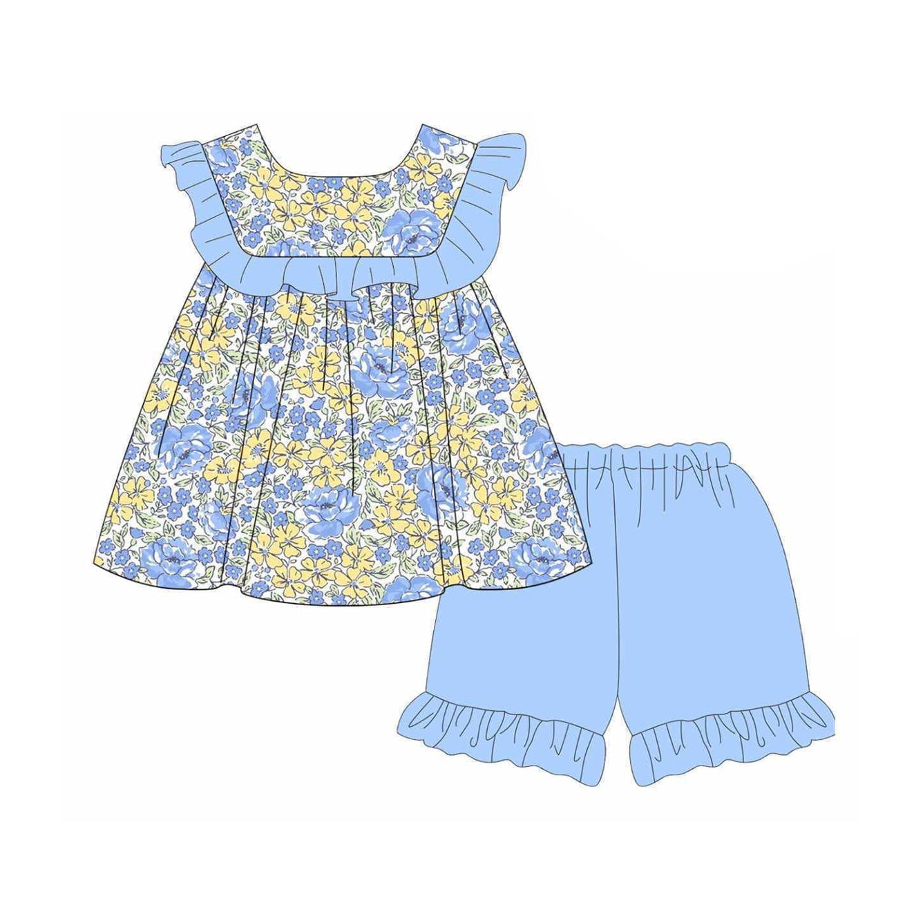 Preorder Baby Girl Short Sleeves Flower Tunic Blue Ruffle Shorts Set ( Moq 5 )