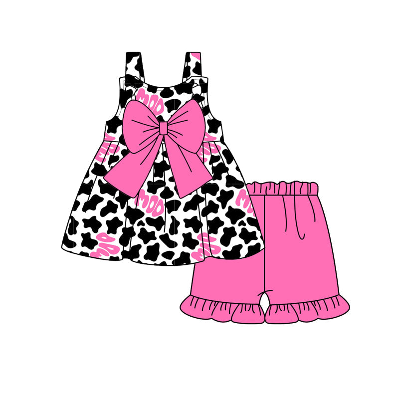 Preorder Baby Girl Straps Western Cow Bows Tunic Ruffle Shorts Set ( Moq 5 )