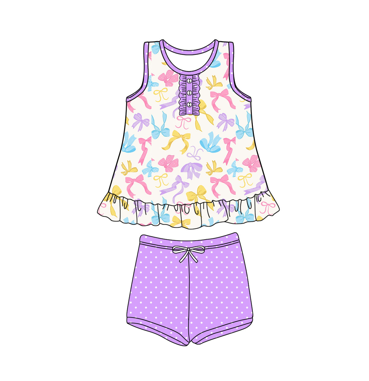 Preorder Baby Girl Sleeveless Colorful Bows Tunic Purple Shorts Set ( Moq 5 )