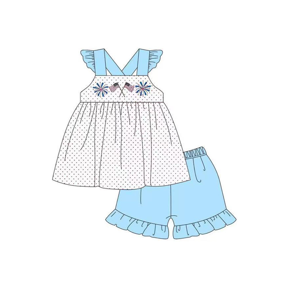 Preorder Baby Girl Short Sleeves Flag Fireworks Tunic 4th Of July Blue Shorts Set ( Moq 5 )