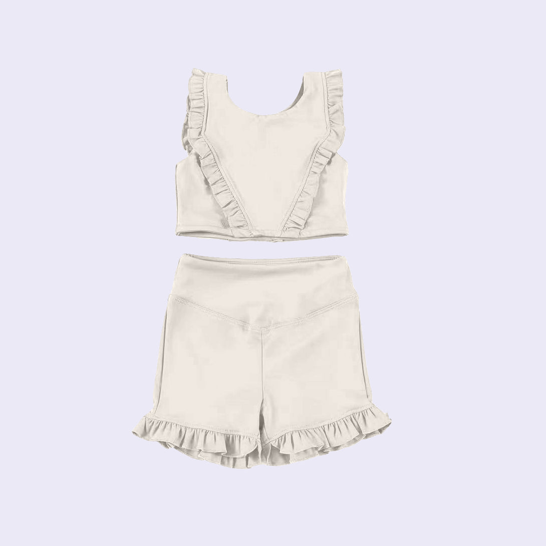 Preorder Baby Girl White Yoga Tops Ruffle Shorts Active Wear Clothes Set ( Moq 5 )