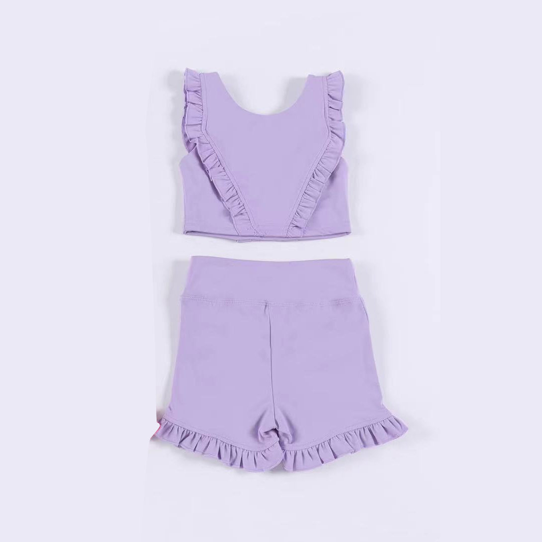 Preorder Baby Girl Purple Yoga Tops Ruffle Shorts Active Wear Clothes Set ( Moq 5 )
