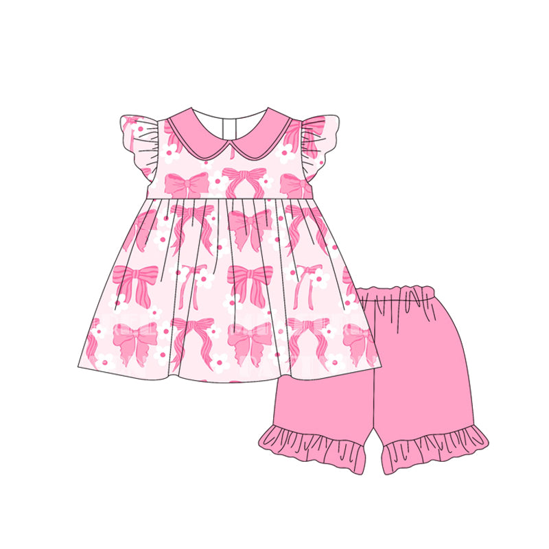 Preorder Baby Girl Short Sleeves Bows Flower Tunic Pink Shorts Set ( Moq 5 )