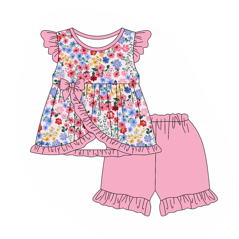 Preorder Baby Girl Short Sleeves Flower Bow Ruffle Tunic Pink Shorts Set ( Moq 5 )