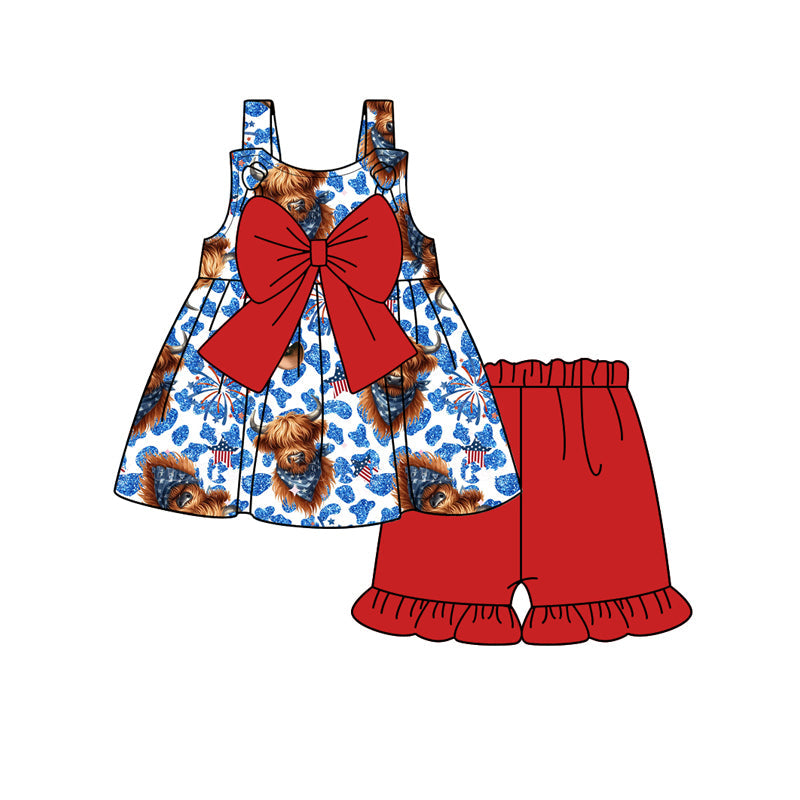 Preorder Baby Girl Straps July 4th Cow Stars Leopard Bow Tunic Red Shorts Set ( Moq 5 )